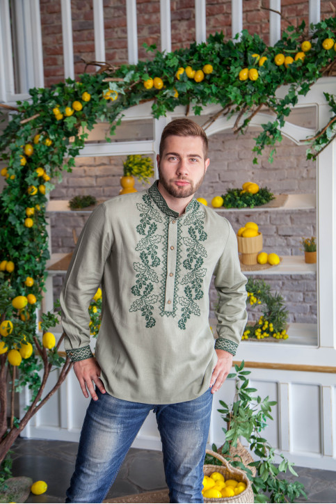 Купити чоловічу вишиту сорочку Міць (хакі з зеленим) в Україні від Галичанка фото 1