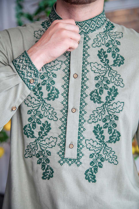 Купити чоловічу вишиту сорочку Міць (хакі з зеленим) в Україні від Галичанка фото 2