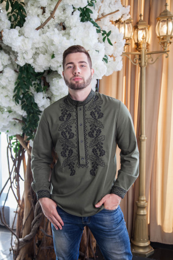 Купити чоловічу вишиту сорочку Міць (хакі з чорним) в Україні від Галичанка