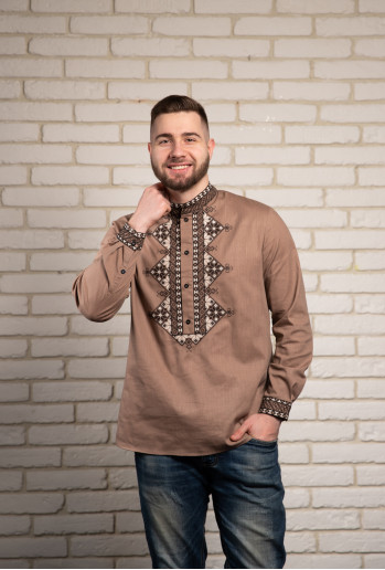 Купить мужскую вышитую рубашку  Алатир (кофе) в Украине от Галычанка