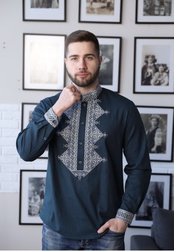 Купить мужскую вышитую рубашку Алатирь (смарагд) в Украине от Галычанка