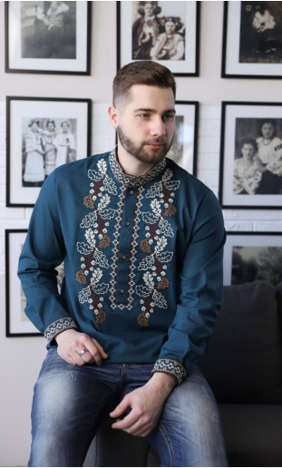 Купить мужскую вышитую рубашку Мощь (смарагд) в Украине от Галычанка