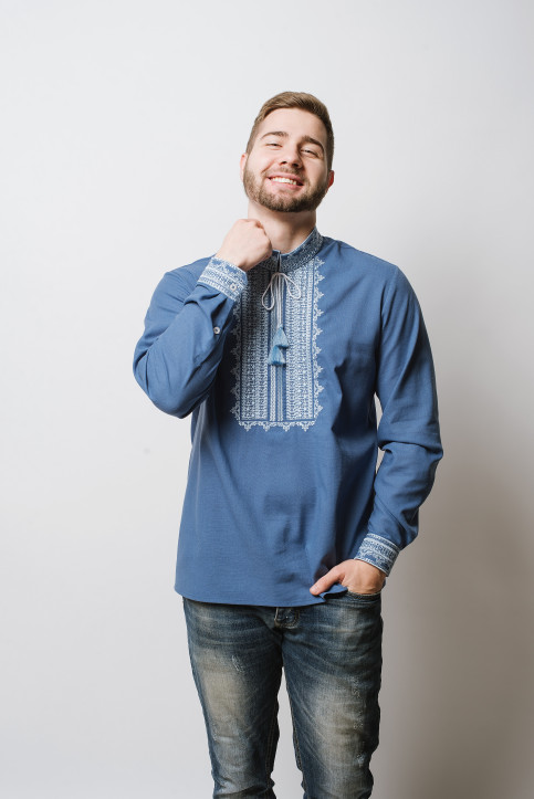 Купити чоловічу вишиту сорочку Цвітан (сіро-синій)в Україні від Галичанка фото 1