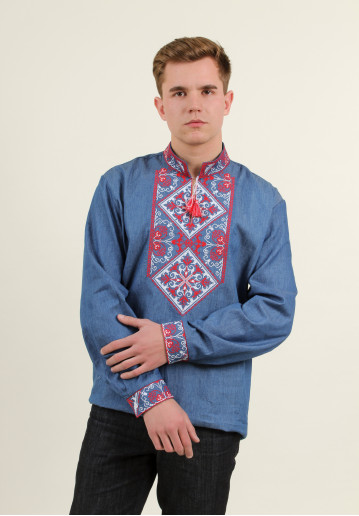 Купить мужскую вышитую рубашку Говерла (джинс т. красно-белым) в Украине от Галычанка