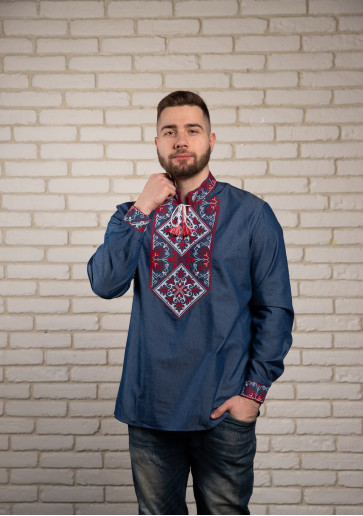 Купить мужскую вышитую рубашку Говерла (джинс т. красно-белым) в Украине от Галычанка