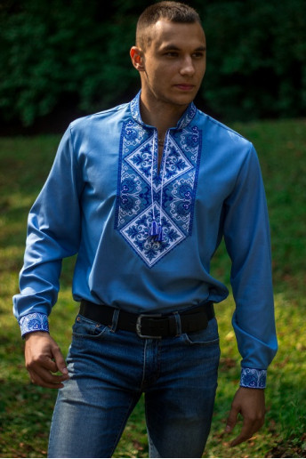 Купить мужскую вышитую рубашку Говерла (джинс голубой т. с  сине-белым) в Украине от Галычанка