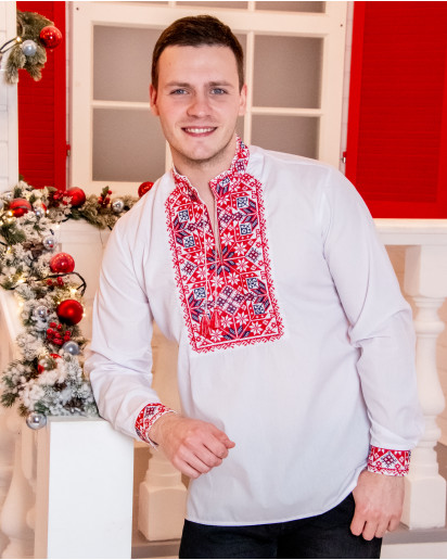 Купить мужскую вышитую рубашку Життеслав плюс (белая с красно-черным) в Украине от Галычанка