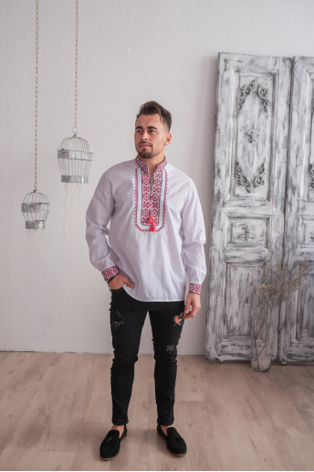 Купить мужскую вышитую рубашку Капрал (белая с красным) в Украине от Галычанка