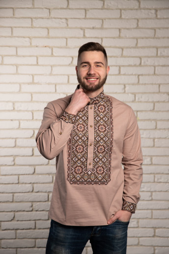 Купить мужскую вышитую рубашку Олекса (бежевая с коричневой) в Украине от Галычанка