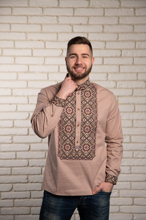 Купити чоловічу вишиту сорочку Олекса (бежева з коричневим)в Україні від Галичанка фото 1