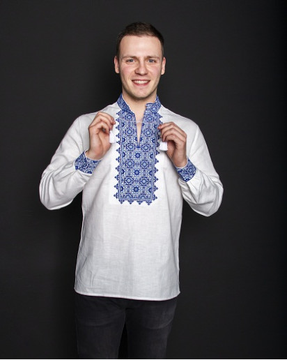 Купить мужскую вышитую рубашку Святослав (белая с сине-голубым) в Украине от Галычанка
