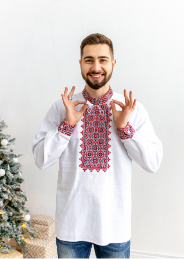 Купить мужскую вышитую рубашку Святослав  (белая с красно черным) в Украине от Галычанка