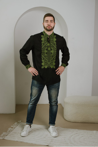Купить мужскую вышитую рубашку Всеволод (черная с оливкой) в Украине от Галычанка