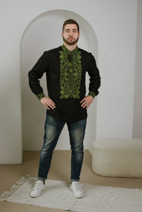 Купити чоловічу вишиту сорочку Всеволод (чорна з оливкою)в Україні від Галичанка фото 1
