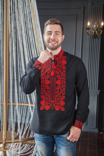 Купить мужскую вышитую рубашку Всеволод (черная с красной) в Украине от Галычанка