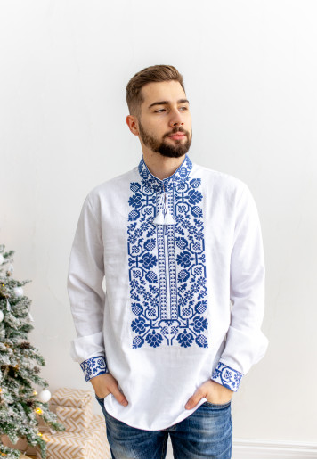 Вишита чоловіча сорочка з темно-синім орнаментом Всеволод - Купити в Україні