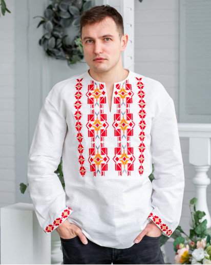 Купить мужскую вышитую рубашку Геометрия (красная) в Украине от Галычанка