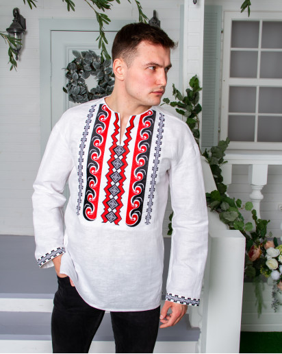 Купить мужскую вышитую рубашку Трипілля (белая с красним) в Украине от Галычанка