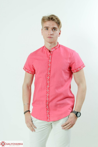 Купить мужскую вышитую рубашку Соборність стойка ( кораловая с красним) в Украине от Галычанка