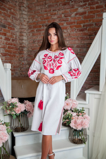 Вишите плаття Вікторія (біла з рожевим) купити в Україні від виробника Галичанка