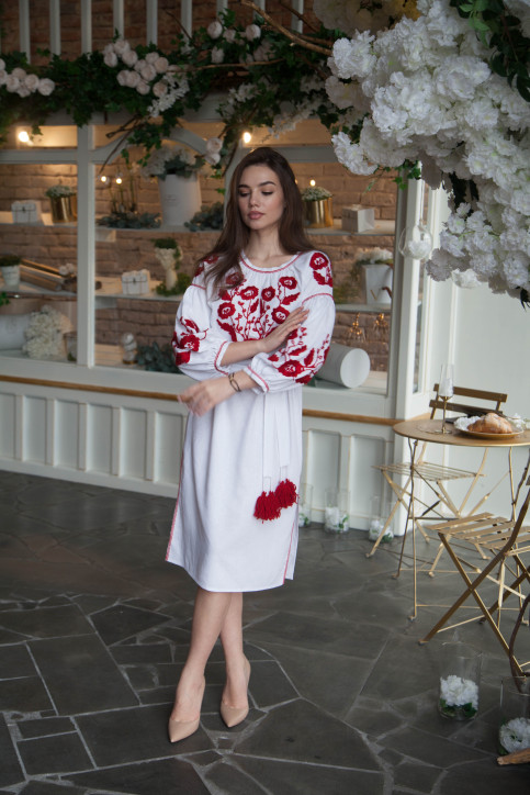 Вишите плаття Вікторія (біла з вишневим) купити в Україні від виробника Галичанка фото 1