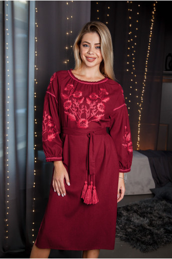 Вишите плаття Вікторія (бордо з вишневим) купити в Україні від виробника Галичанка