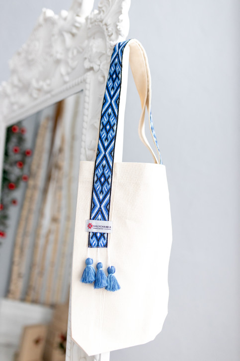 Купити скатертину в українському стилі сумка-шопер Фортуна (бежева з синім) від виробника Галичанка  фото 1
