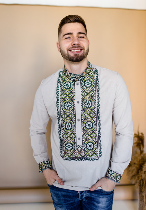 Купити чоловічу вишиту сорочку Олекса (бежева з зеленим)в Україні від Галичанка фото 2