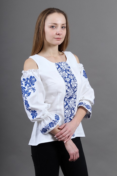 Жіноча вишита сорочка Аура квітів біла з синім фото 2