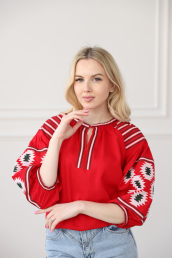 Купить вышиванку женскую Енеїда (красная с розовой) в Украине от Галычанка