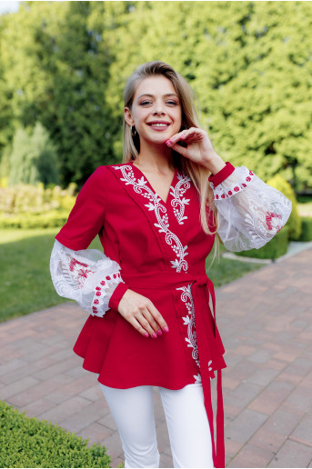 Купить вышиванку женскую Паморозь (красная с белим) в Украине от Галычанка