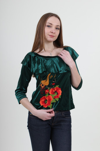 Valentyna (green) - жін.блуза.велюр рюша 3/4 зелена т. Валентина Wft-073-2