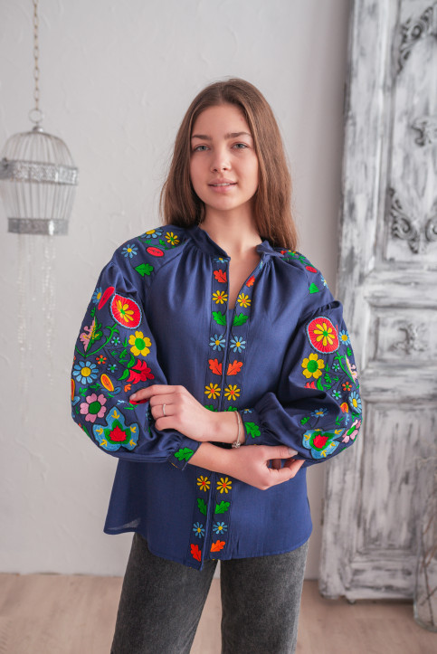 Купить вышиванку женскую Веснянка ( синяя с разноцветным) в Украине от Галычанка фото 2