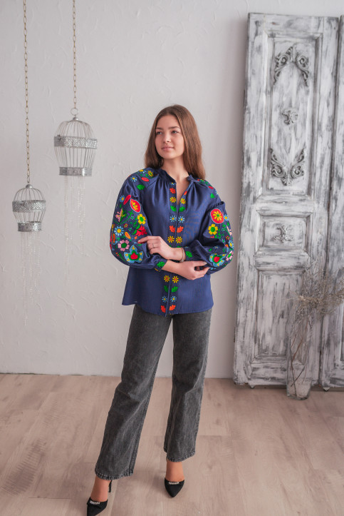 Купить вышиванку женскую Веснянка ( синяя с разноцветным) в Украине от Галычанка фото 1