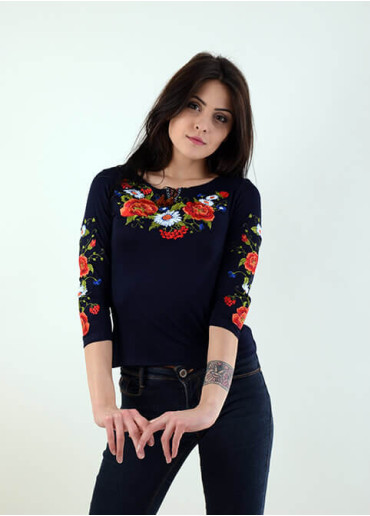 Купить женскую футболку вышиванку Квитана плюс (синяя) в Украине от Галычанка