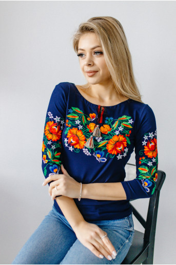 Купить женскую футболку вышиванку Мазурка (темно синяя) в Украине от Галычанка
