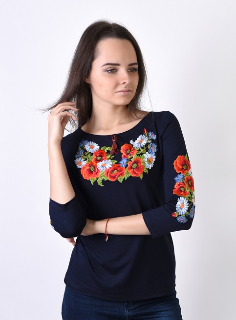 Купить женскую футболку вышиванку Соната плюс (синяя) в Украине от Галычанка фото 1