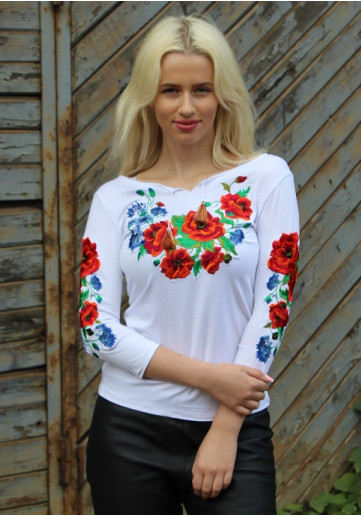 Купити жіночу футболку вишиванку Волошкове поле плюс (біла) в Україні від Галичанка