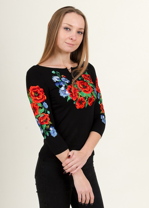 Купить женскую футболку вышиванку Васильковое поле плюс (черная) в Украине от Галычанка фото 2