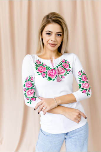 Купить женскую футболку вышиванку Тиффани плюс (белая с розовым) в Украине от Галычанка