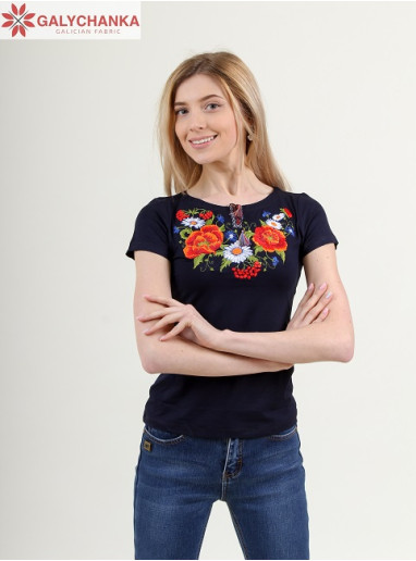 Купить женскую футболку вышиванку Квитана (синяя) в Украине от Галычанка