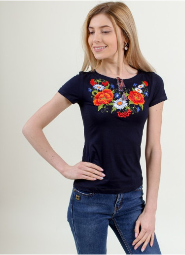 Купити жіночу футболку вишиванку Квітана (чорна) в Україні від Галичанка