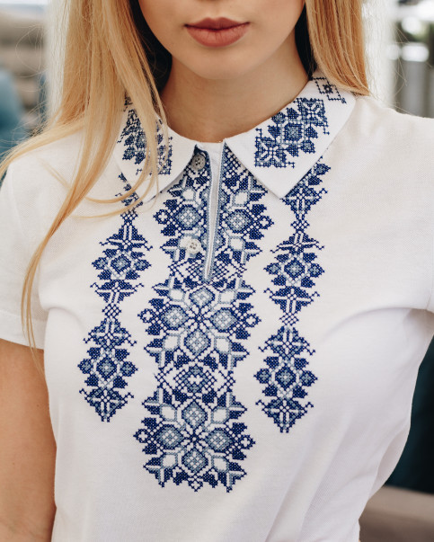 Купити жіночу футболку вишиванку Людмила (біла з синім) в Україні від Галичанка фото 2