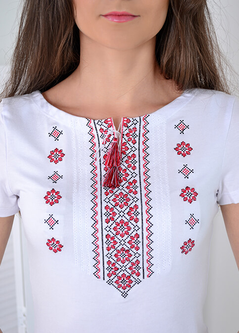 Купити жіночу футболку вишиванку Орнамент (біла з червоним) в Україні від Галичанка фото 1