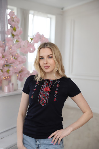 Купити жіночу футболку вишиванку Орнамент (синя з червоним) в Україні від Галичанка