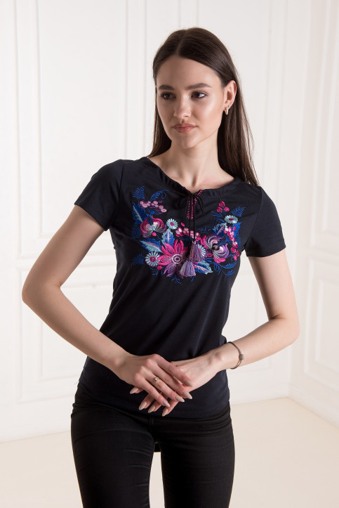 Купити жіночу футболку вишиванку Петриківка плюс (синя з фіолетовим) в Україні від Галичанка фото 1