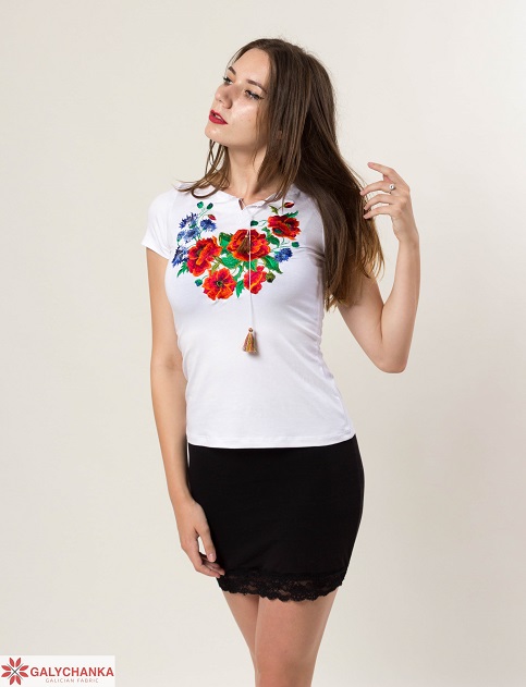 Купить женскую футболку вышиванку Васильковое поле (белая) в Украине от Галычанка фото 1