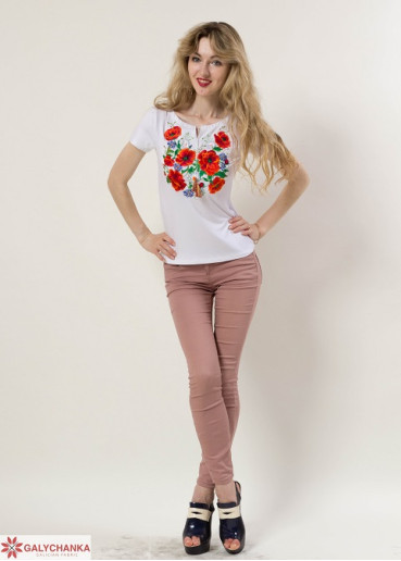 Купить женскую футболку вышиванку Багровие маки (белая) в Украине от Галычанка