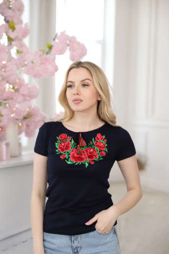 Купити жіночу футболку вишиванку Глорія (синя з червона) в Україні від Галичанка