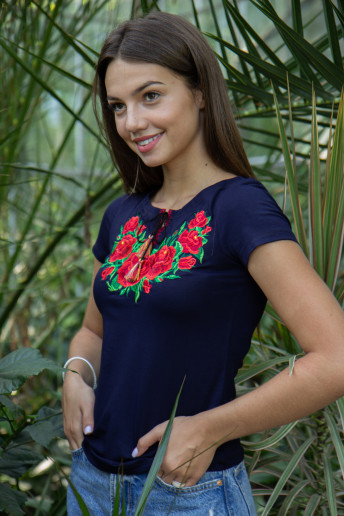 Купить женскую футболку вышиванку Глория (синяя с красная) в Украине от Галычанка